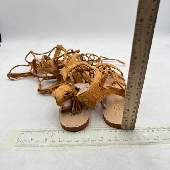 YDN Tan Sexy Knee High Lace up Flats Fringe Gladiator Strap Sandals - Picture 5 of 8